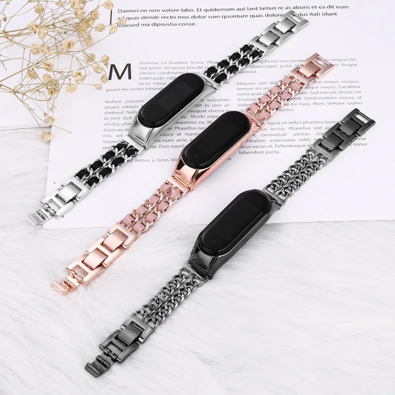 Luxury Strap For Xiaomi Mi Band 7 6 5 4 3 Stainless Steel Wrist Metal leather Bracelet for Mi Band 7 Strap women girl Wristbands