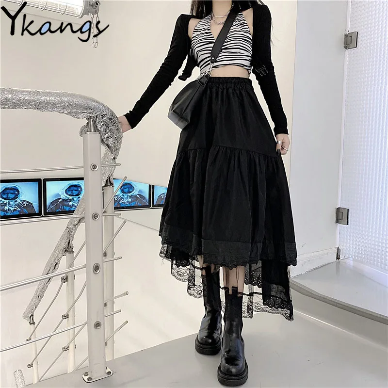 Y2k Rok Berlipat Tulle Gothic Rok Midi Tidak Beraturan Jahitan Renda Hitam Rok Panjang Pinggang Tinggi Antik Wanita Hip Hop Solid Korea