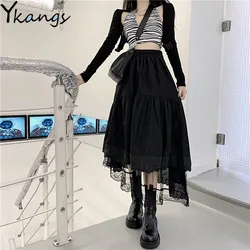 Y2k Gothic Tulle Geplooide Rok Zwart Kant Stiksels Onregelmatige Midi Rok Vrouwen Vintage Hoge Taille Lange Rok Korea Solid Hip hop