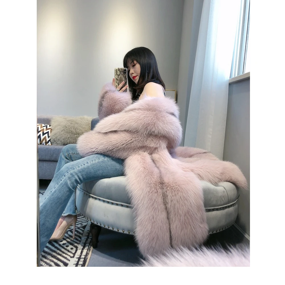 2019 New imported Womens Pink Fox Fur Coat With Big Fur Collar Fashion Long Outwear Thick Warm Fur Jacket