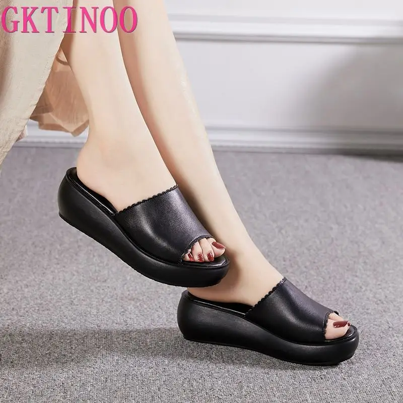 GKTINOO Women Slipper\'s 2024 Ladies Summer Slippers Shoes Women Wedges Heels Fashion Summer Genuine Leather Shoes Platform