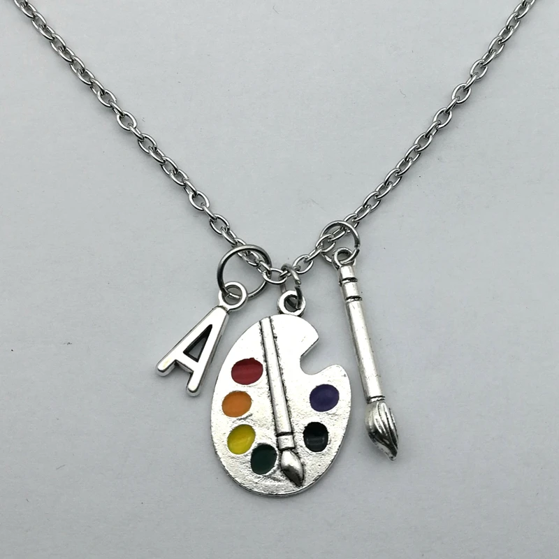 2020 color Artist\'s Palette Necklace Letter A-Z Painter\'s Pallet  Charm necklace Paint Brush and Paint Jewelry