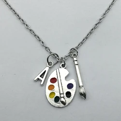 2020 color Artist's Palette Necklace Letter A-Z Painter's Pallet  Charm necklace Paint Brush and Paint Jewelry