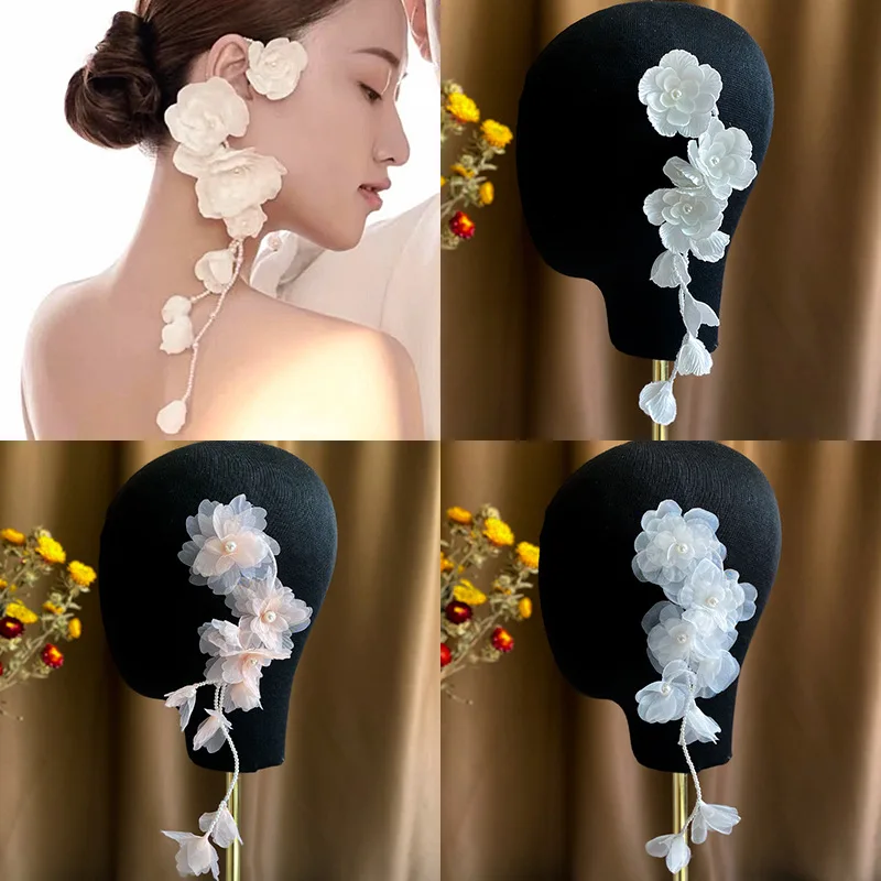 Beautiful Flower long earrings Headdress crepe fabric Flower Ear Hanging hair decoration Dual-Use Bridal Headdress Earrings