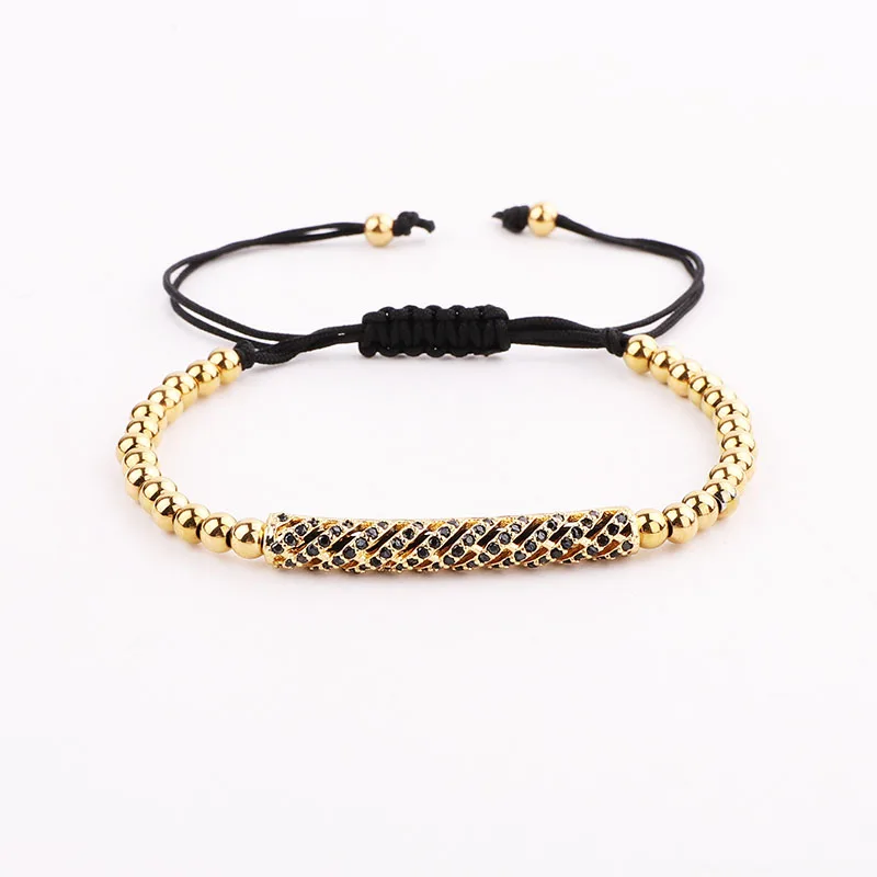 High Quality Men Women Jewelry CZ Pave Bar Charm Stainless Steel Beads Macrame Bracelet Gift