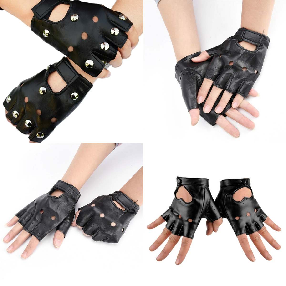 1Pair 3Styles Punk Thin Sports Fitness Black Fingerless Gloves Women Fashion Driving Women Gloves Half Finger PU Leather Glove