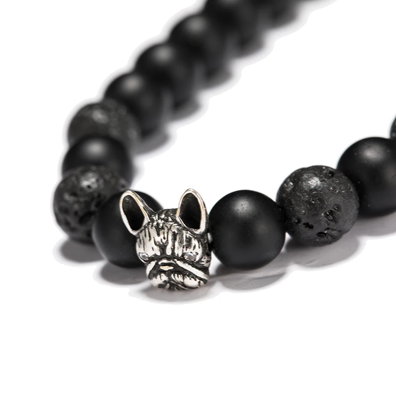 Noter New French Bulldog Bracelet Men Vintage Copper Beaded Braclet Natural Onyx Lava Stone Braslet Erkek Bileklik Pulseras