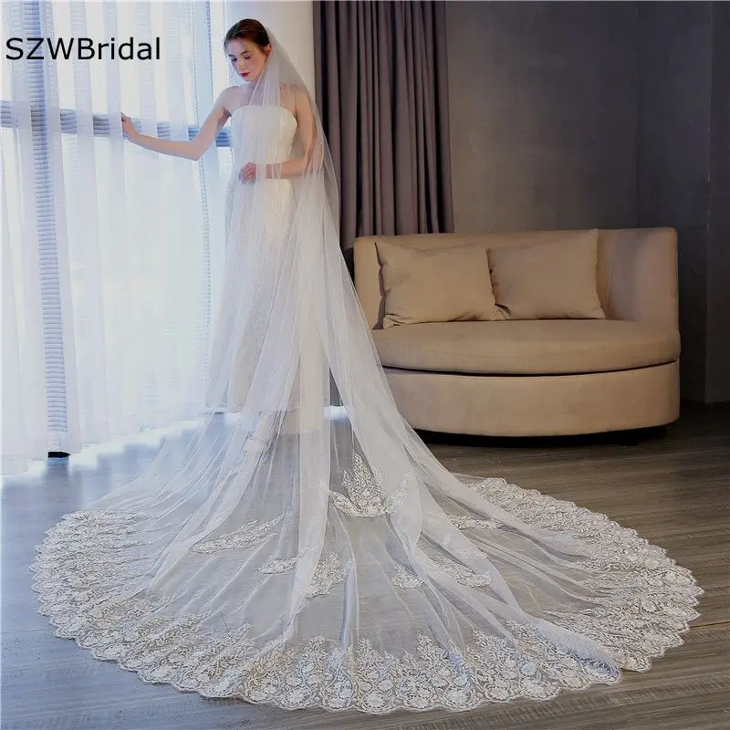 

Elegant 3.5 Meter Ivory Cathedral Wedding Veil Long Lace Applique Bridal Veils with Comb Wedding Accessories Bride Veu Bodas