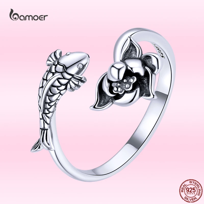 Bamoer Delicate Lotus Koi Lucky Ring for Women Genuine 925 Sterling Silver Fish Ring 2021 New Wedding Anniversary Jewelry Gift