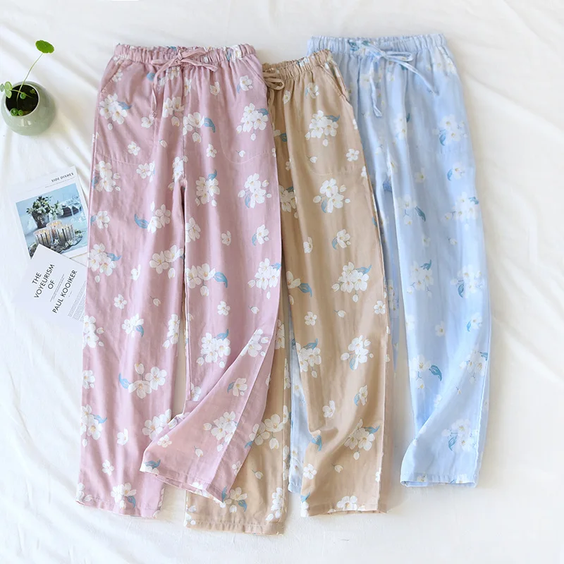 Women Summer Thin Sleep Bottoms 100% Cotton Floral Printing Loungewear Double Layer Gauze Home Pants Elastic Waist Sleep Wear