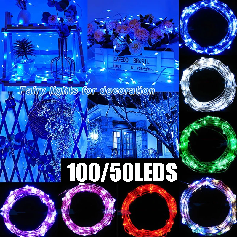 100/50LEDS Light String Copper Wire Light String Garland Fairy Lights Battery-powered Wedding Christmas Party Home Decoration