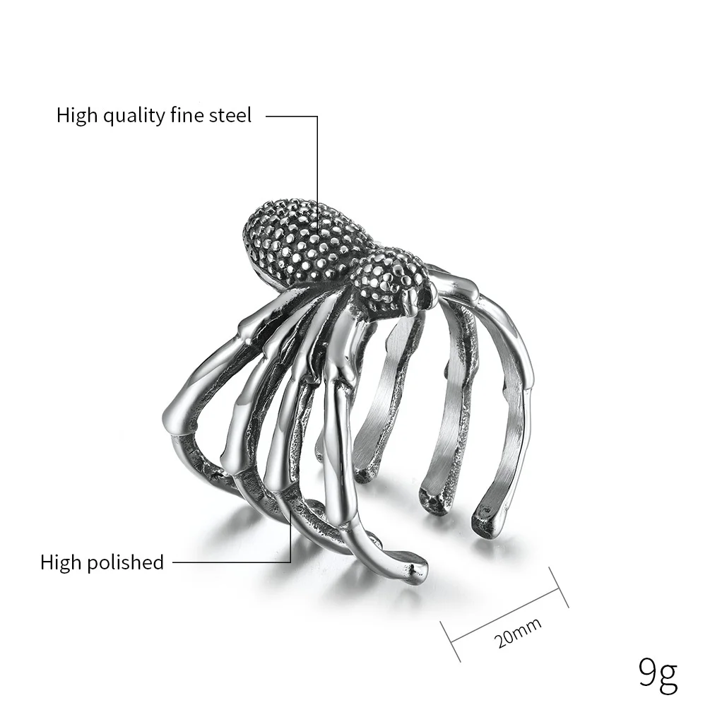 JHSL 20mm Big Large Men Spider Rings Black Silver Color Stainless Steel  Hiphop FashionJewelry Anniversary Size 8 9 10 11 12