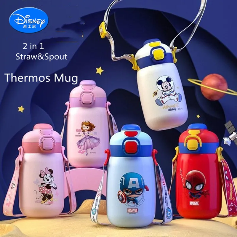 

420ML Mickey Minnie Baby Thermos Mug Spider-Man 316 Stainless Steel Vacuum Flasks for kids Children water bottle with straw