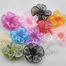 Upick 20 pcs Organza ribbon flowers bows W/beads Appliques Craft Wedding Dec A008