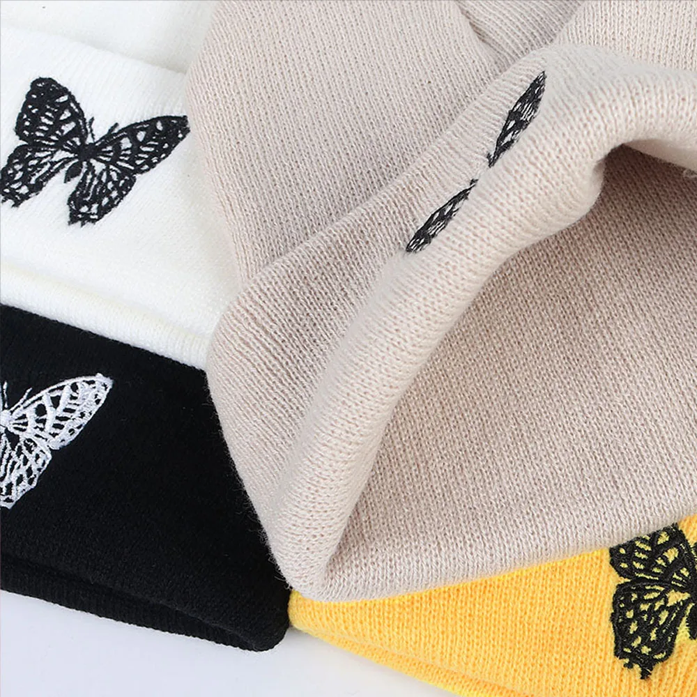 Gorro con bordado de mariposa para hombre y mujer, gorro de lana de estilo hip hop, sólido, para otoño e invierno, venta al por mayor