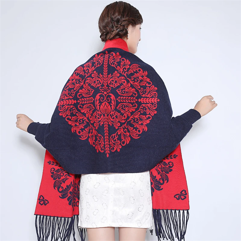 

Poncho Capes Winter Scarf Women Sweater Batwing Long Sleeve Retro Tassel Loose Femme Explosion Cloak Knitting Net Red Blanket