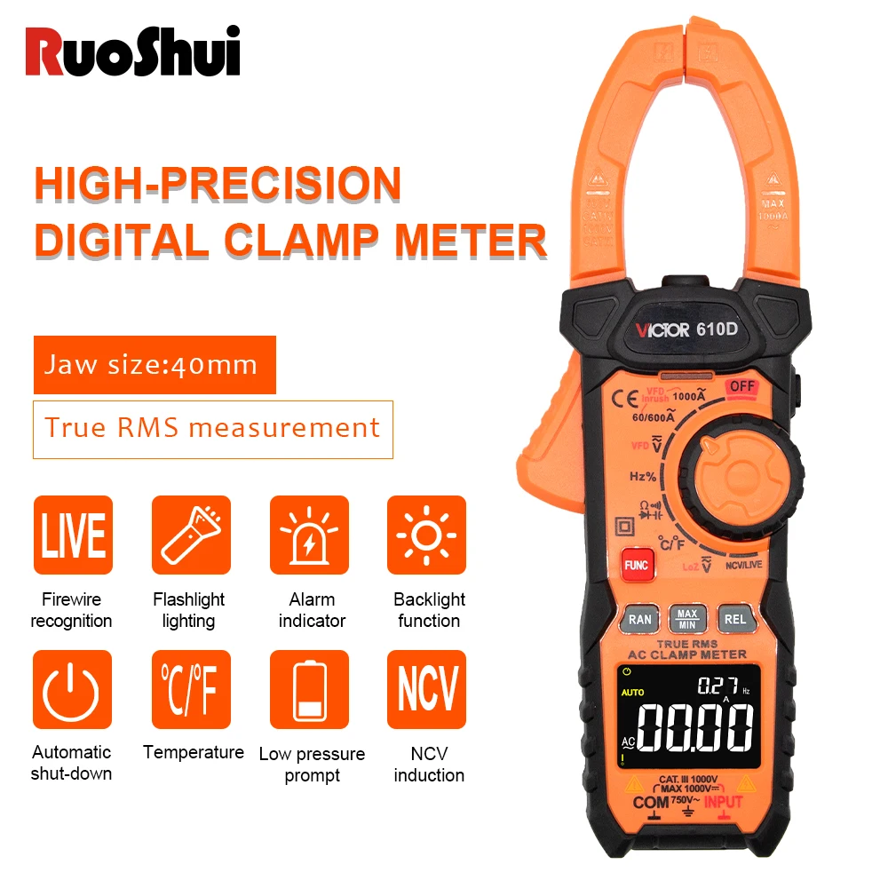 

RuoShui 610D Digital Clamp Meter 1000V 1000A AC DC True RMS Professional Pinza Amperimetrica Capacitance Ohm Hz VFD Multimeter