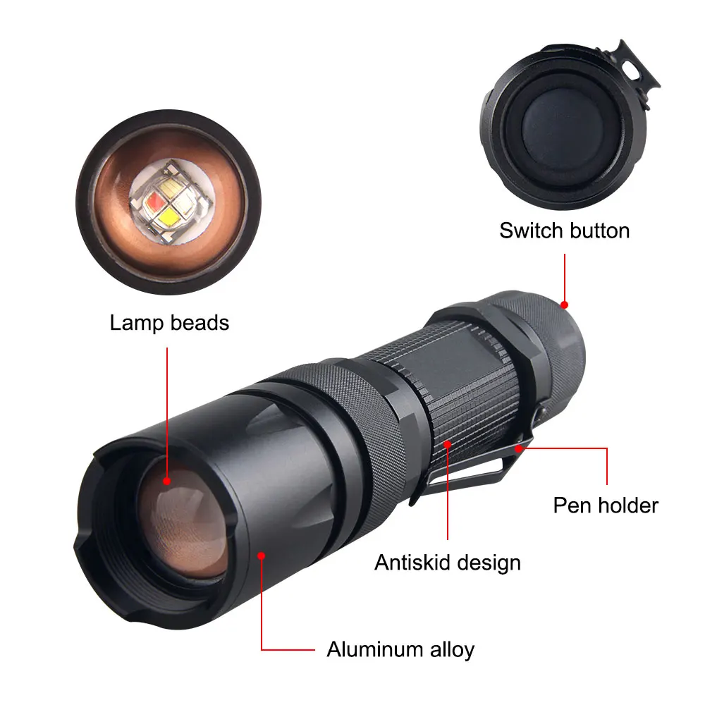 4 in 1 Outdoor Zoomable Hunting Flashlight 5 Modes Multi-color waterproof tactical light Torch with glow stick+18650+Charger