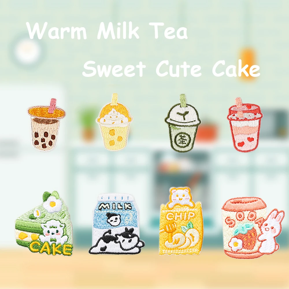 AHYONNIEX Cute Warm Milk Tea Sweet Cake Milk Patches DIY Applique Embroidery Parches Fabric Stickers Iron On Patch for Clothes