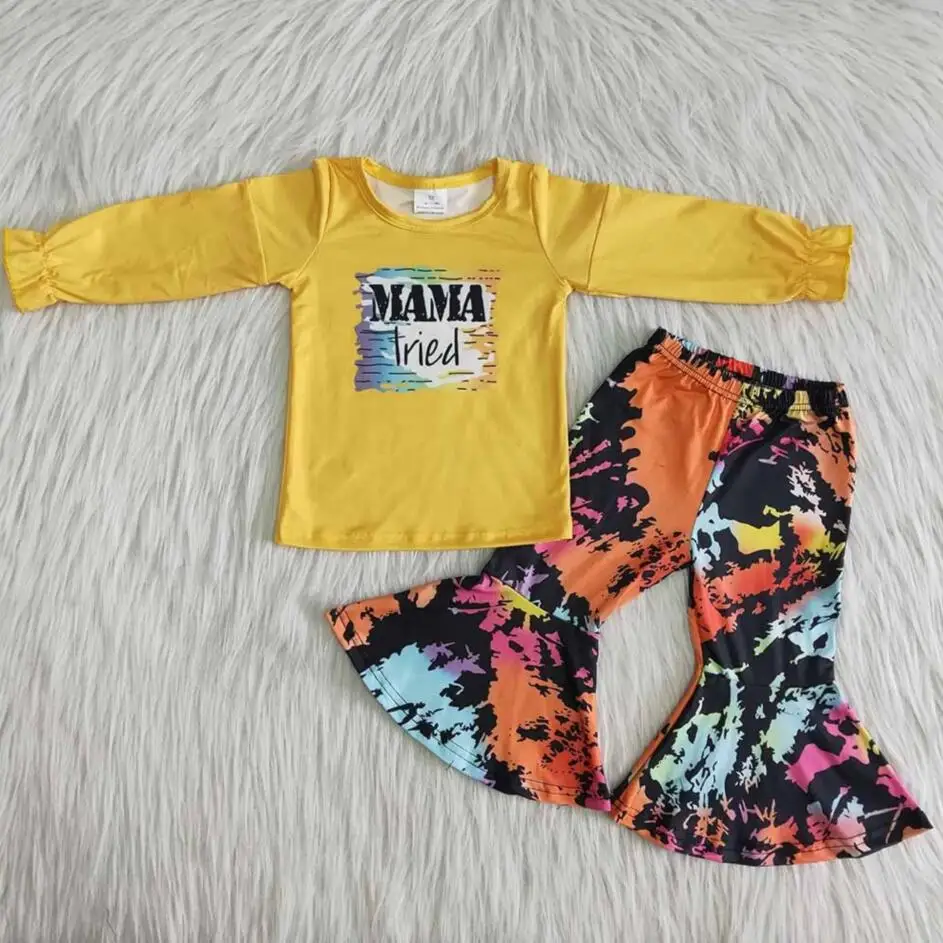 

Kids Fall Styles RTS 2021 Mama Tried Tie Dye Bell Bottom Pants Baby Infant Little Girls Fashion Boutique Outfits Clothing Sets