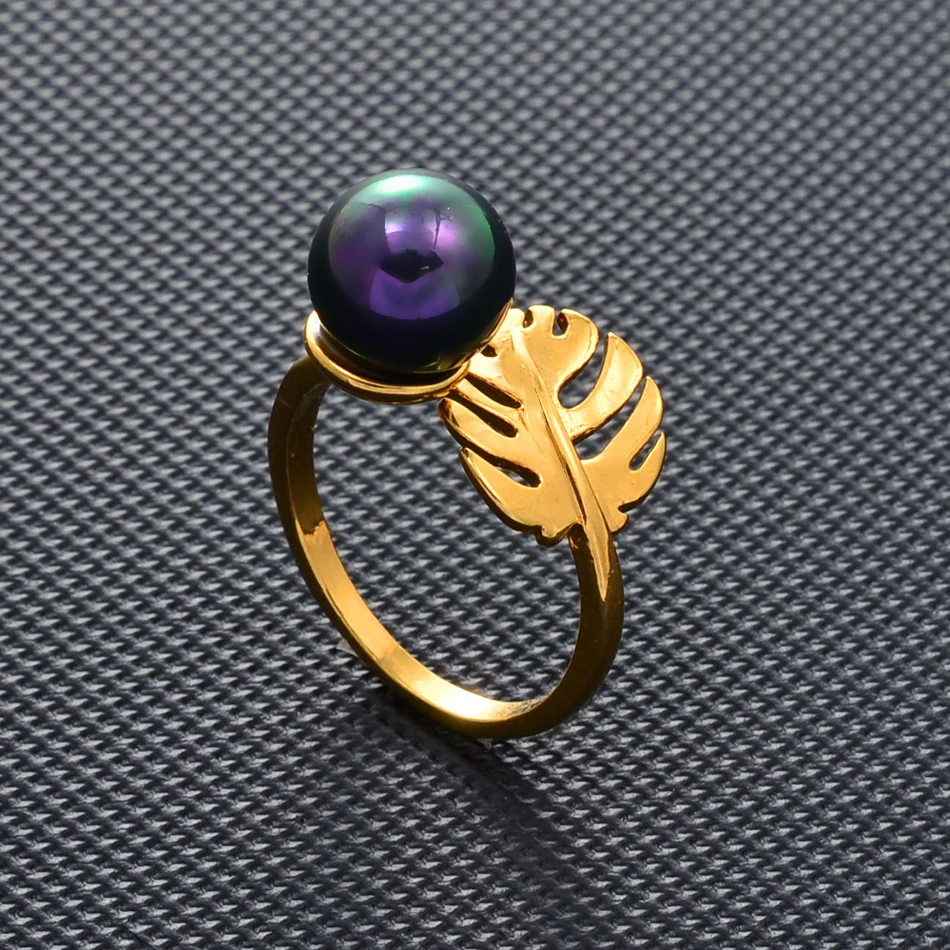 Anniyo Hawaiian Ring Black Pearl Ring Frangipan Flower Monstera Leaf Jewelry Guam Marshallese Chuuk Micronesia Kiribati #238706