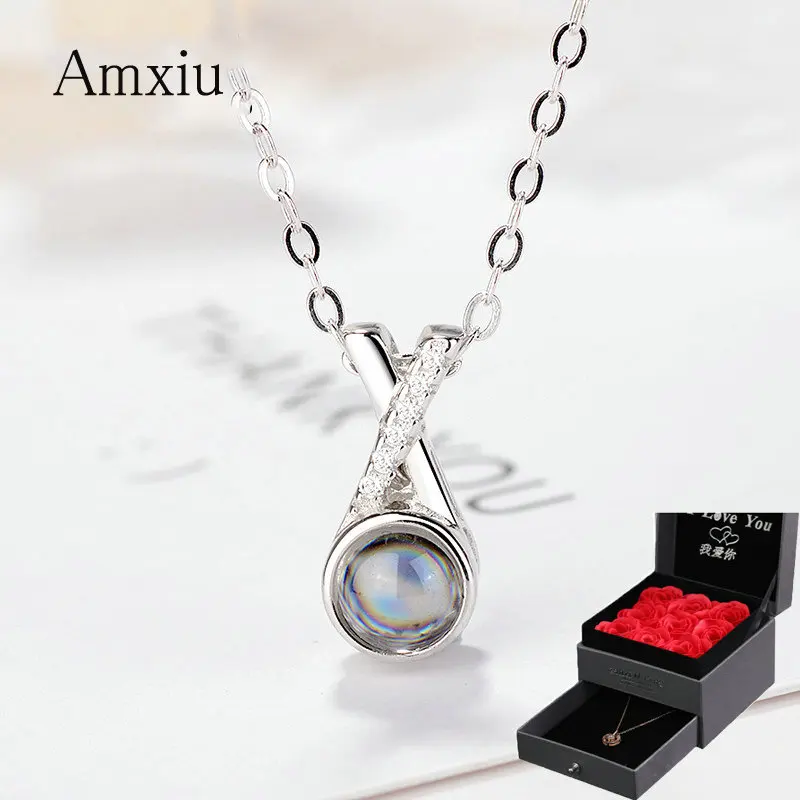 

Amxiu 925 Sterling Silver Choker Necklace 100 languages I love you Projection Necklace For Women Personalized Zircons Jewelry