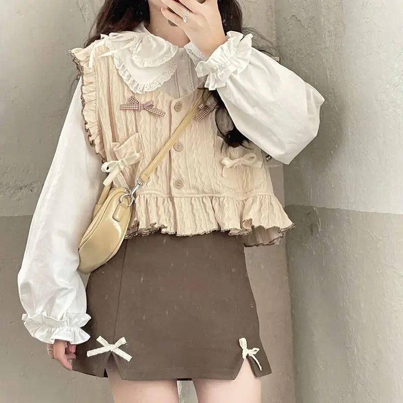 2021 Autumn Kawaii Sweater Vest Women Loose Bowknot Japanese Sweet Cute Knitted Vest Ruffle Korean Fashion Button-down Cardigan