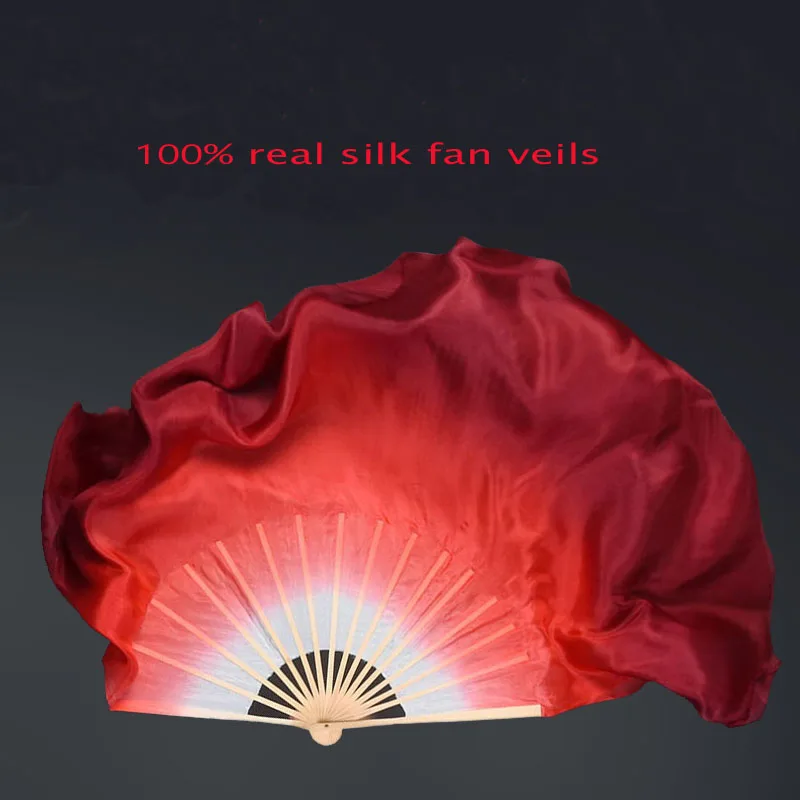 Double Side 100% Real Silk Bamboo Dance Fan chinese traditional Belly Dancing Fans Folk Art short Fans White-Red Gradient color