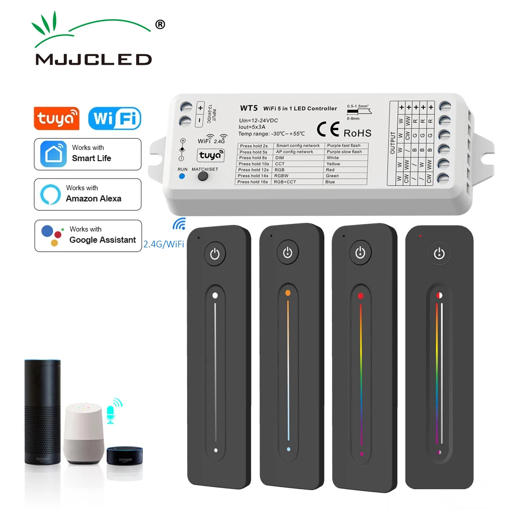 MJJC Tuya LED controlador 12v 24v 5 en 1 atenuador RGB CCT RGBW RGBWW RGBCCT tira de luz vida inteligente Wifi 2,4G RF control remoto inalámbrico WT5