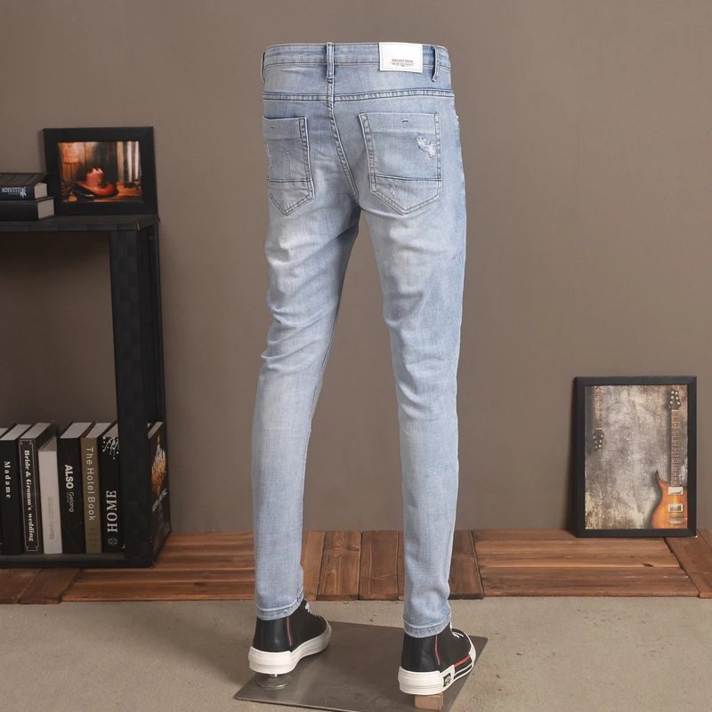 Summer Light Blue Ripped Jeans Men Casual Slim Fit Pencil Pants Streetwear Printed Patches Denim Trousers