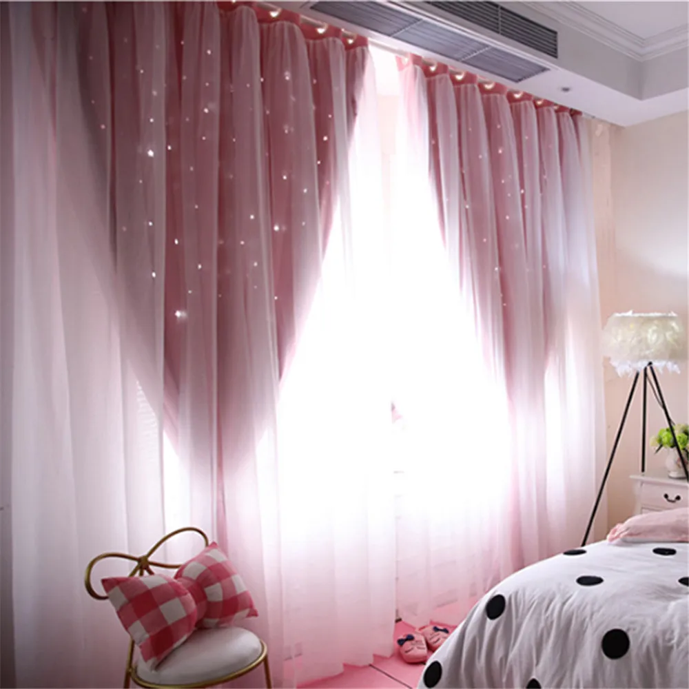 Double Layer Stars Blackout Curtains Pink Tull For Kids Room Sheer Curtains for Living Room Girl\'s Bedroom Window Treatments