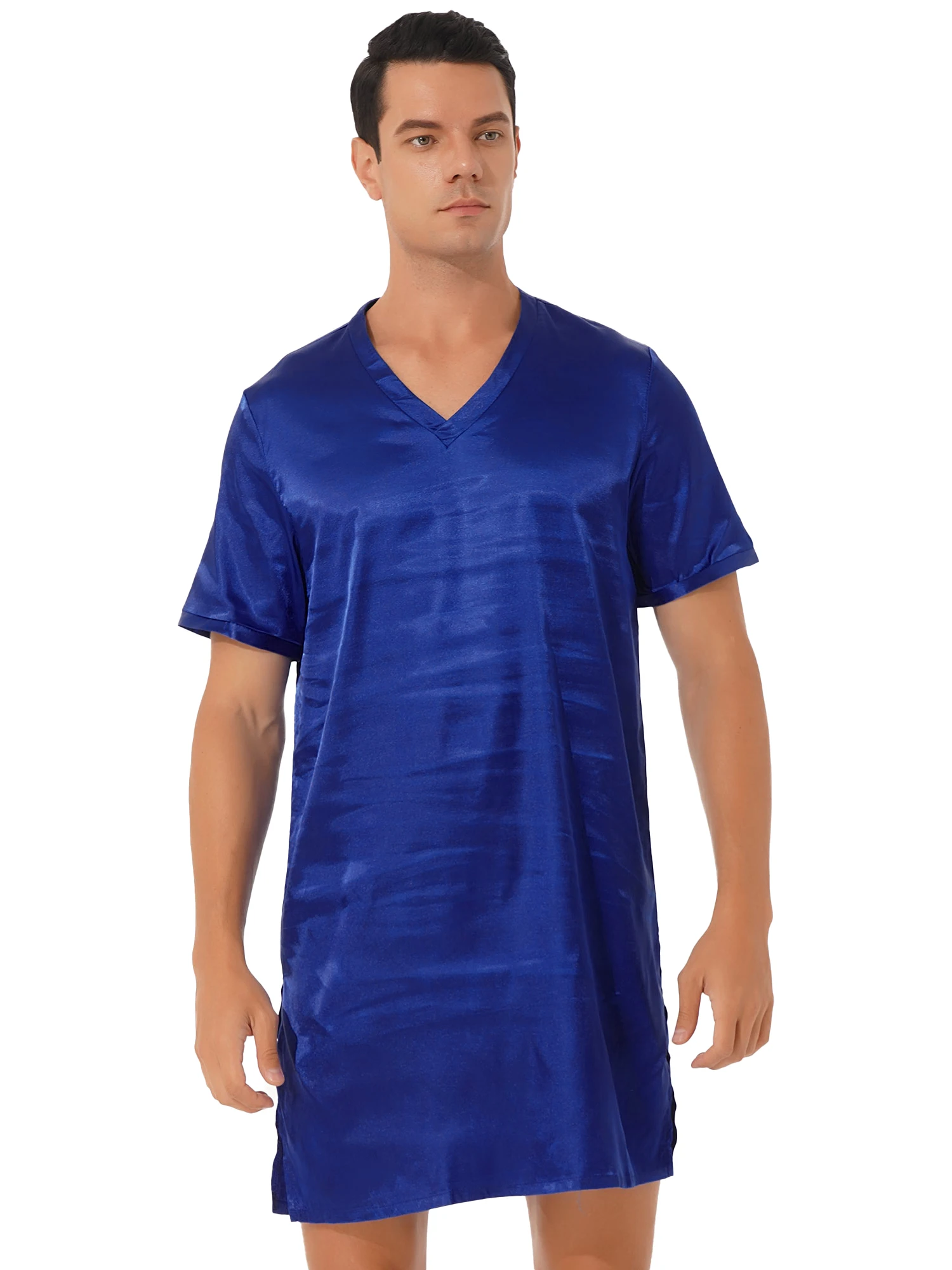 Sleepwear Men\'s Silk Satin Nightshirt Nightclothes Soft Loose Short Sleeve Pajamas Nightgown Summer Night Shirts for Sleeping