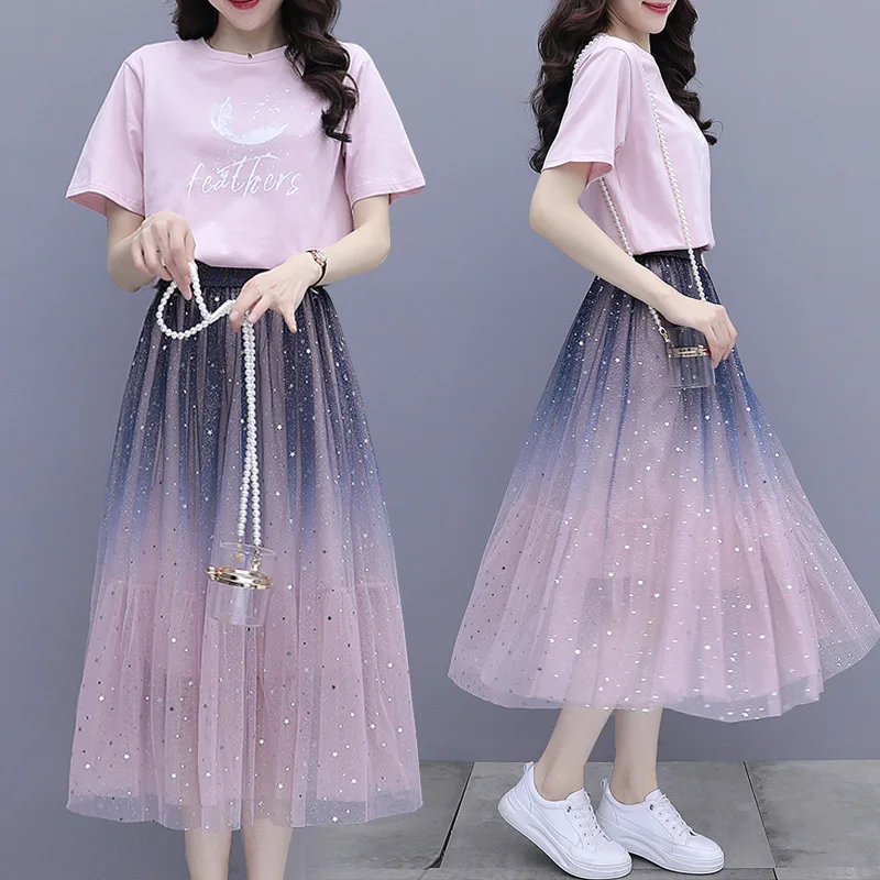 

Women Gradient color Summer Tulle Skirt Two piece Sets Printted Cotton Tshirt With Sequined Long Maxi Mesh Skirt Suits