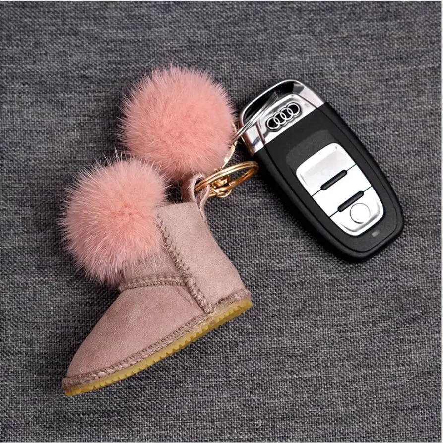 Real Shearling Lamb Fur Lined Boot Key Chain Key Ring Purse Backpack Accessory Suede Handbag Pendants