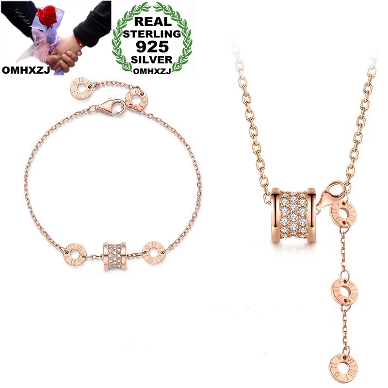 OMHXZJ Wholesale JE26 European Fashion Hot Birthday Wedding Gift Waist Zircon 925 Sterling Silver Necklace+Bracelet Jewelry Set