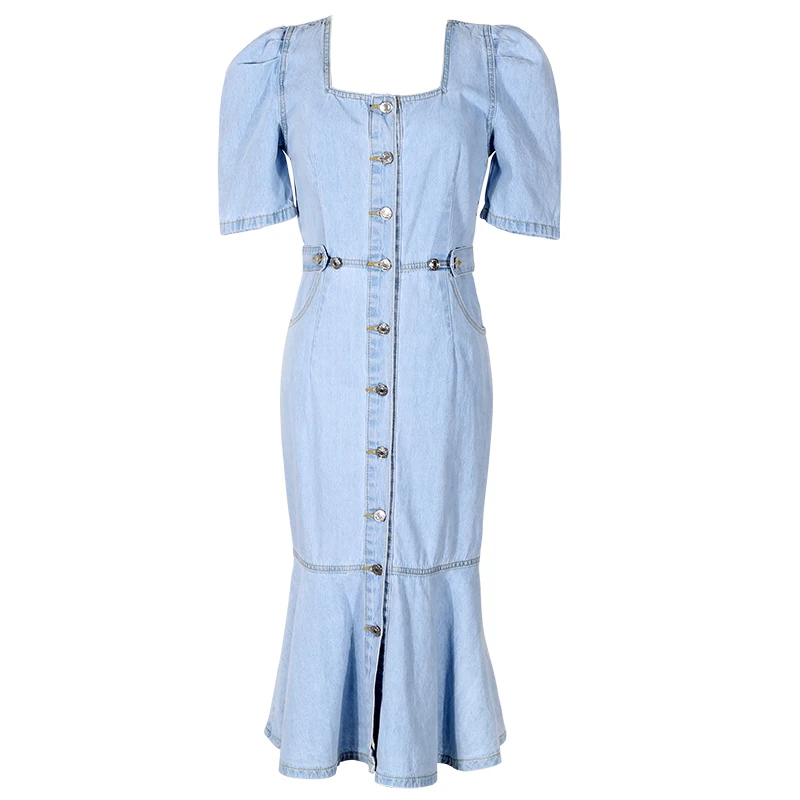 

2022 summer puff sleeve denim mermiad dress women square collar single breasted package hip trumpet dress