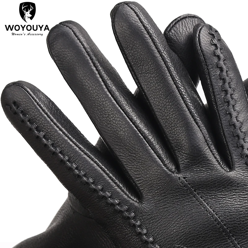 Winter Black Genuine Leather gloves women,Keep warm women\'s winter mittens, simple deerskin women leather gloves/2226F