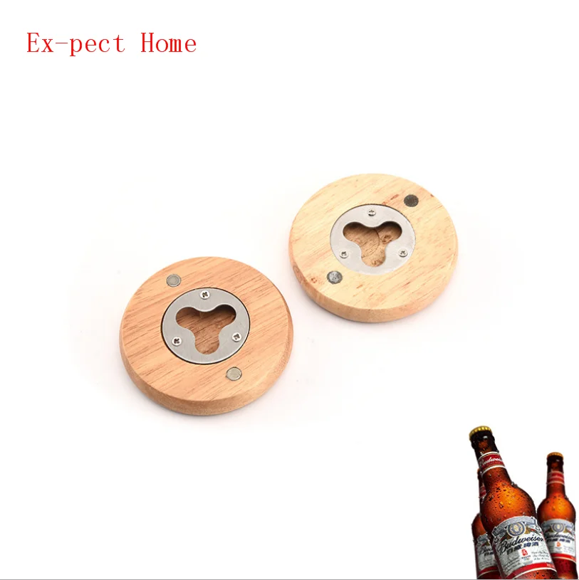 

100Pcs/lot Wooden Round Shape Bottle Opener Coaster Fridge Magnet Decoration Beer Bottle Opener Factory wholesale