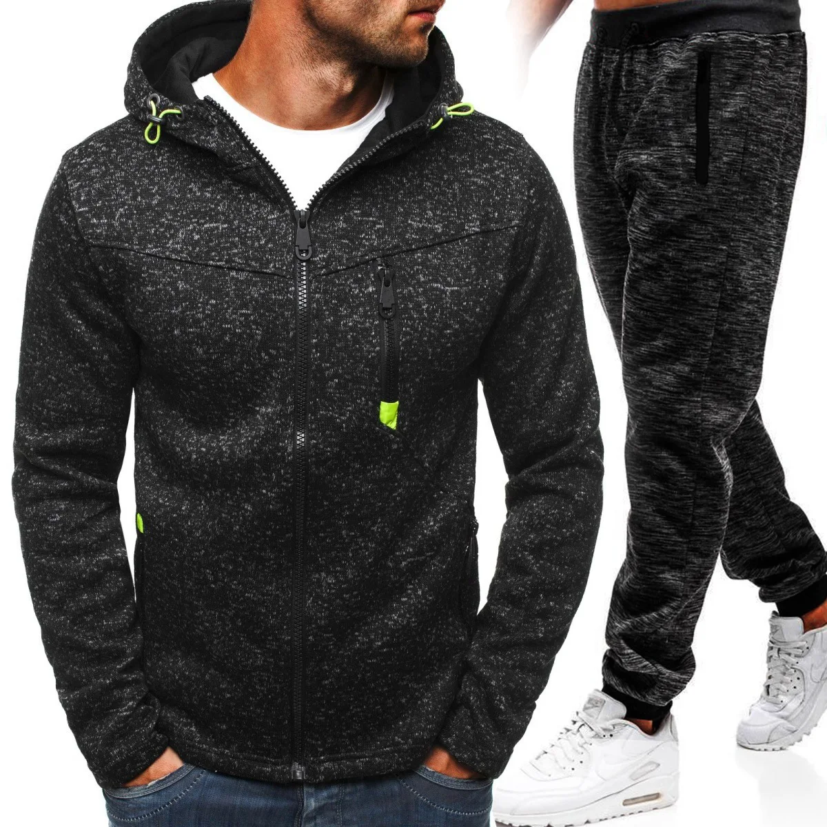 Autumn and Winter Men's Sports Leisure Fitness Jacquard Sweater Fleece Cardigan Hooded Jacket Sweater Loose Sports Two-piece Set