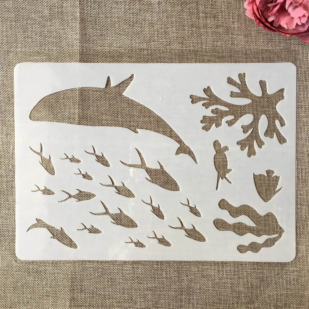 A4 29cm Ocean Whale Shoal of Fish DIY Layering Stencils Painting Scrapbook Coloring Embossing Album Decorative Paper Template