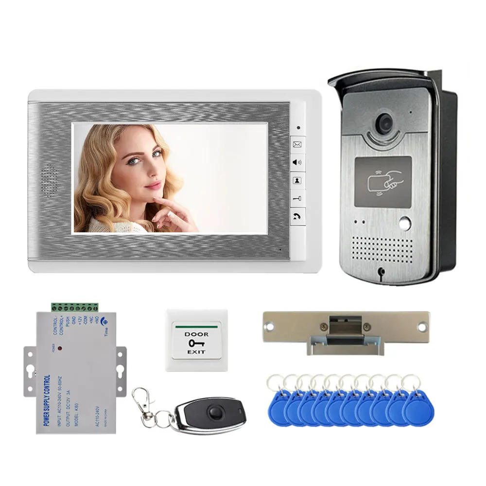 New 7 inch Wired Video Door Phone Intercom Entry System 1 Monitor + 1 RFID Access HD Camera Electric Strike Lock