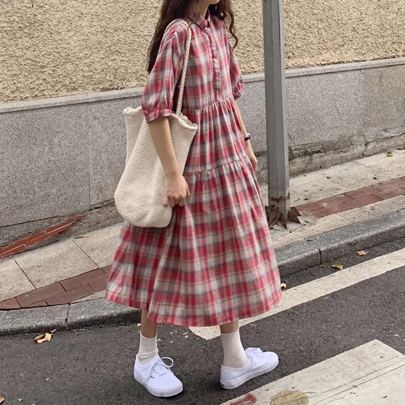 Academic Style Summer Loose Polo Collar Plaid Dress Female Summer 2020 New Style Short Sleeve Long Pattern Skirt lolita dress