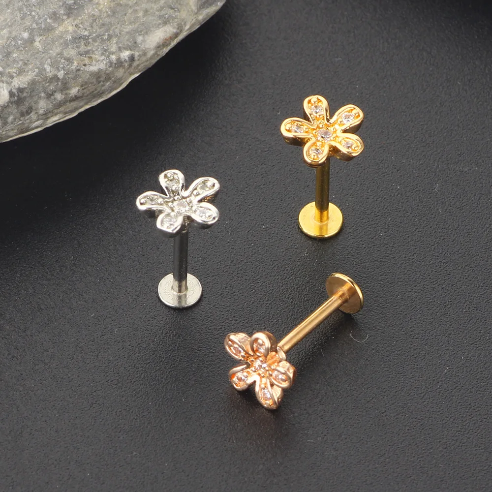 Crystal Flower Tragus Piercing Earring, Flat 16G