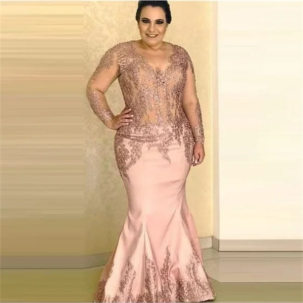 Plus tamanho rosa sereia mãe da noiva vestidos de renda apliques sheer decote em v mangas compridas nupcial moms wear