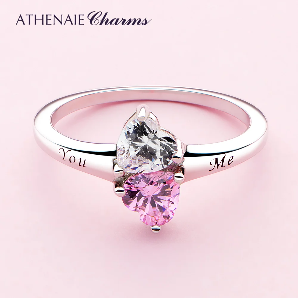 

ATHENAIE Hearts Rings 925 Sterling Silver Clear & Pink CZ Two Sparkling Love You and Me Finger Ring for Women Jewelry