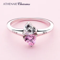 ATHENAIE Hearts Rings 925 Sterling Silver Clear & Pink CZ Two Sparkling Love You and Me Finger Ring for Women Jewelry