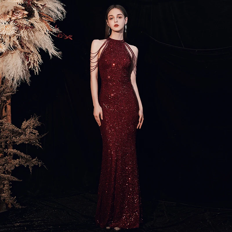 DEERVEADO Elegant Off Shoulder Beaded Sequin Evening Dress Long Women Sliver Mermaid Party Dresses Bodycon Formal Maxi Dress