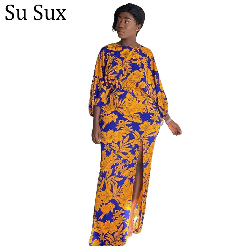 Vintage Maxi Dress African Clothes Robe Plus Size O Neck Bat Sleeve High Waist Split Long Dress Vestidos Partyclub 2021 Spring