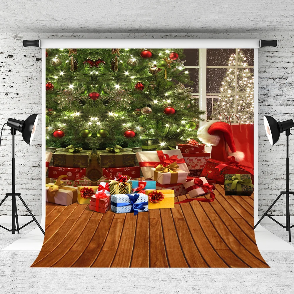 

VinylBDS Christmas Photography Backgrounds Red Gift Box Green Christmas Tree Backdrops Wood Floor for Children Photo Studio