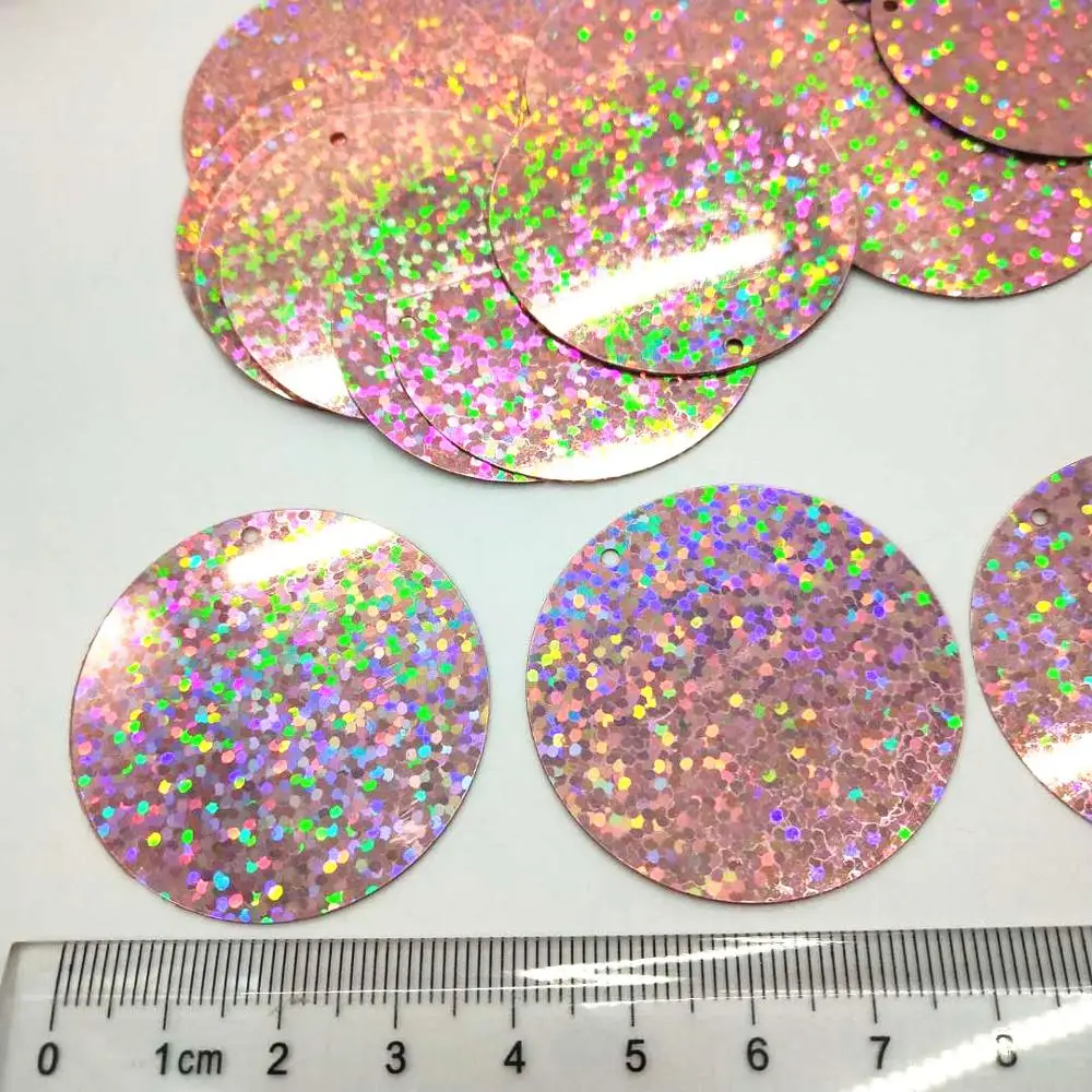 50g 40mm Flat Round Sequins For Crafts Sewing Accessories With 1 Side Hole Laser Pink Champagne